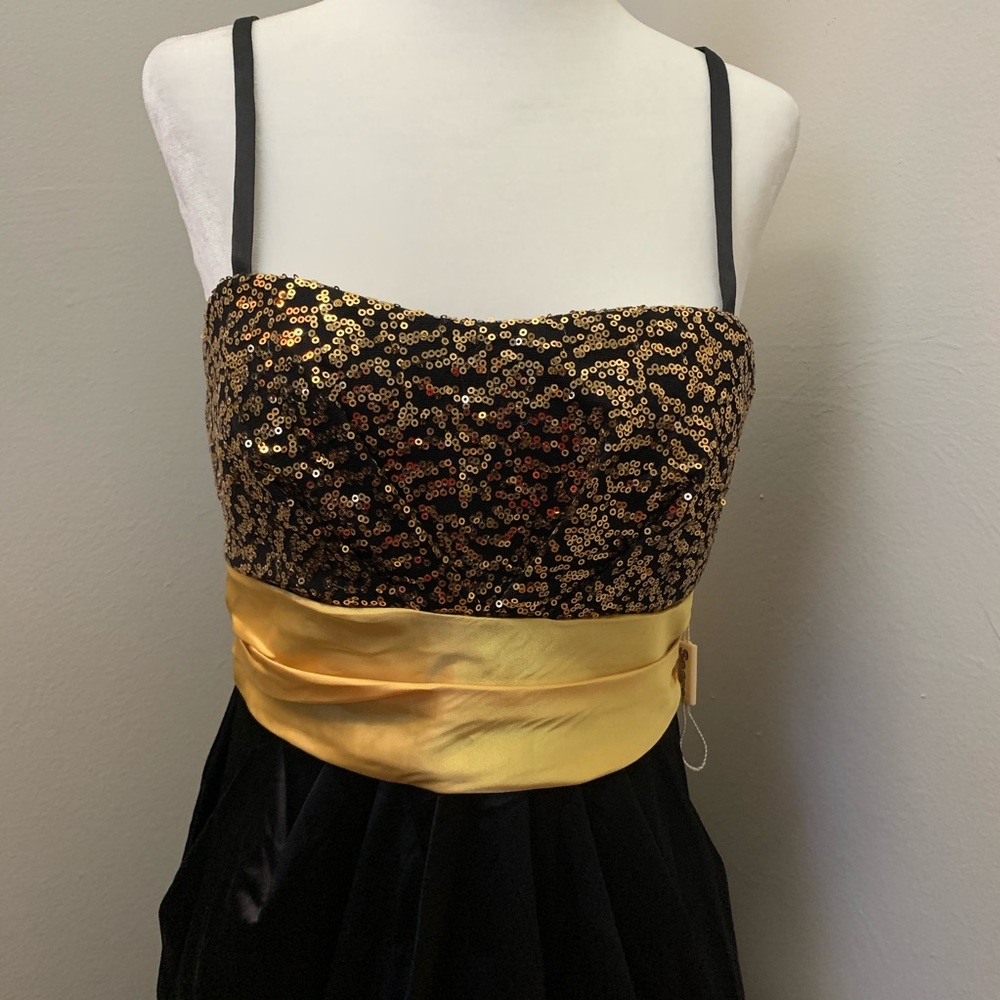 JOLIE | Gold Sequins and Black Satin Dress.